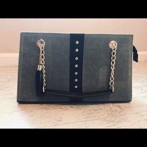 Gray Purse with Black and Gold Details